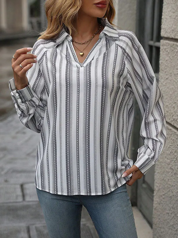 Long Sleeves Loose Buttoned Split-Joint Striped Lapel Blouses&Shirts Tops