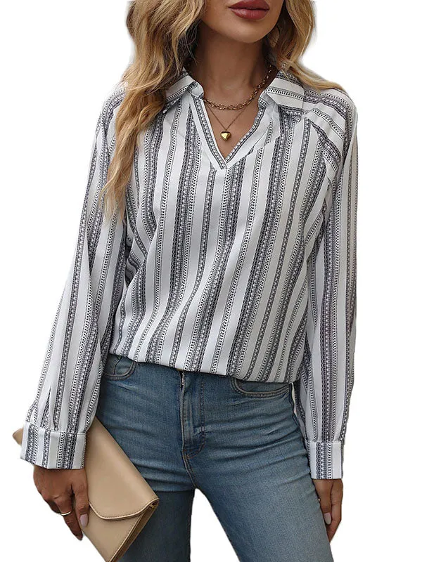 Long Sleeves Loose Buttoned Split-Joint Striped Lapel Blouses&Shirts Tops