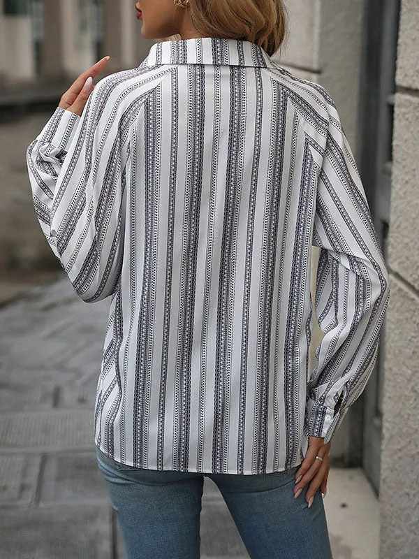 Long Sleeves Loose Buttoned Split-Joint Striped Lapel Blouses&Shirts Tops