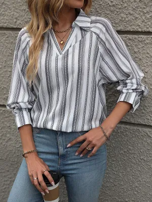 Long Sleeves Loose Buttoned Split-Joint Striped Lapel Blouses&Shirts Tops