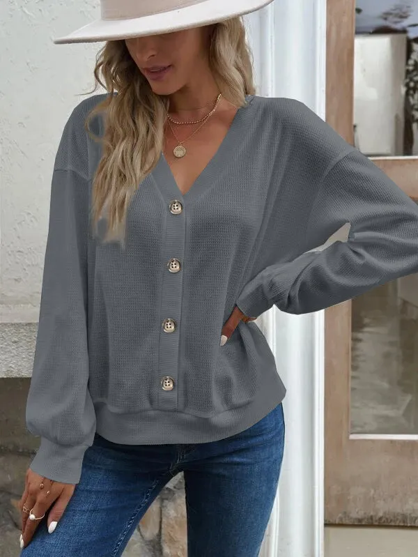 Long Sleeves Loose Buttoned Split-Joint V-Neck T-Shirts Tops