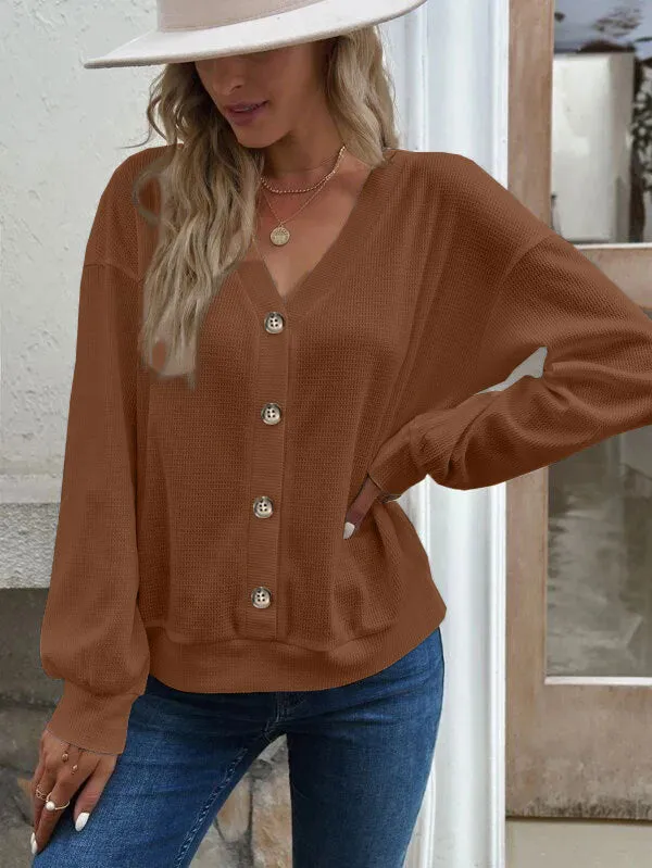 Long Sleeves Loose Buttoned Split-Joint V-Neck T-Shirts Tops