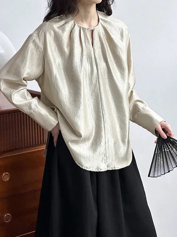 Long Sleeves Loose Hollow Shiny Solid Color Round-Neck Blouses&Shirts Tops