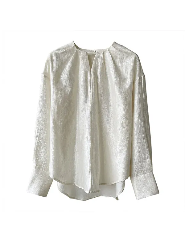 Long Sleeves Loose Hollow Shiny Solid Color Round-Neck Blouses&Shirts Tops