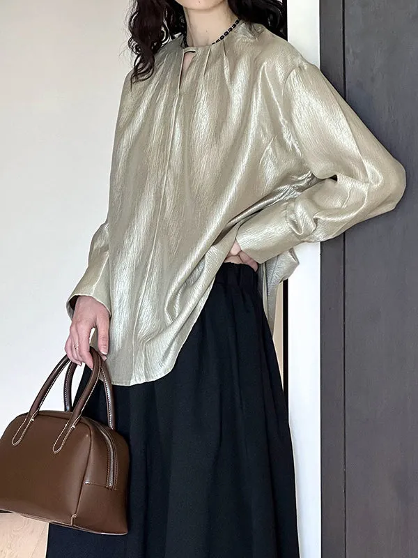 Long Sleeves Loose Hollow Shiny Solid Color Round-Neck Blouses&Shirts Tops