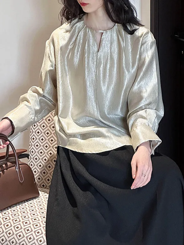 Long Sleeves Loose Hollow Shiny Solid Color Round-Neck Blouses&Shirts Tops