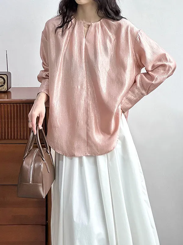 Long Sleeves Loose Hollow Shiny Solid Color Round-Neck Blouses&Shirts Tops