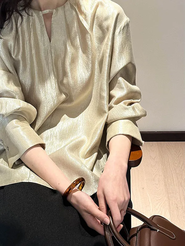 Long Sleeves Loose Hollow Shiny Solid Color Round-Neck Blouses&Shirts Tops