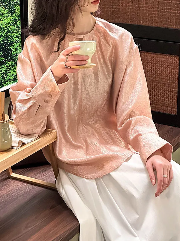 Long Sleeves Loose Hollow Shiny Solid Color Round-Neck Blouses&Shirts Tops