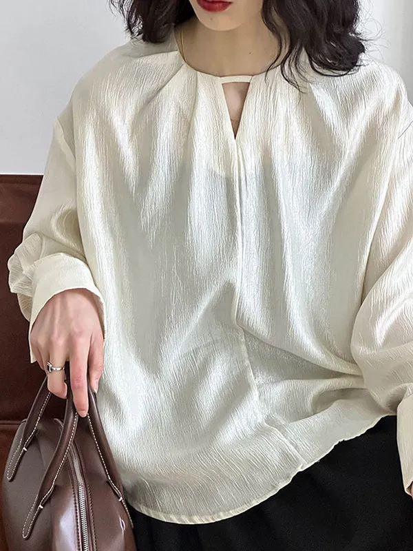 Long Sleeves Loose Hollow Shiny Solid Color Round-Neck Blouses&Shirts Tops