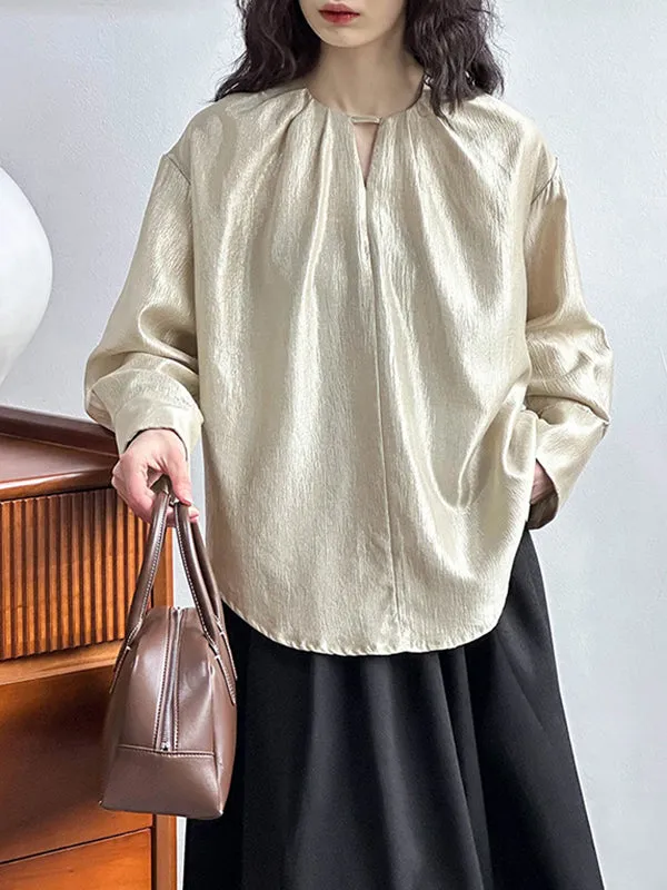 Long Sleeves Loose Hollow Shiny Solid Color Round-Neck Blouses&Shirts Tops