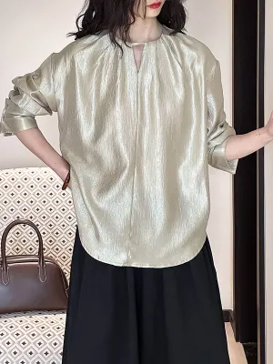 Long Sleeves Loose Hollow Shiny Solid Color Round-Neck Blouses&Shirts Tops