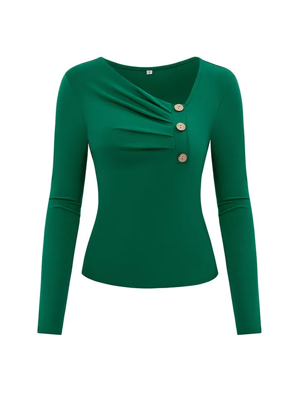 Long Sleeves Skinny Buttoned Pleated Split-Joint Asymmetric Collar T-Shirts Tops