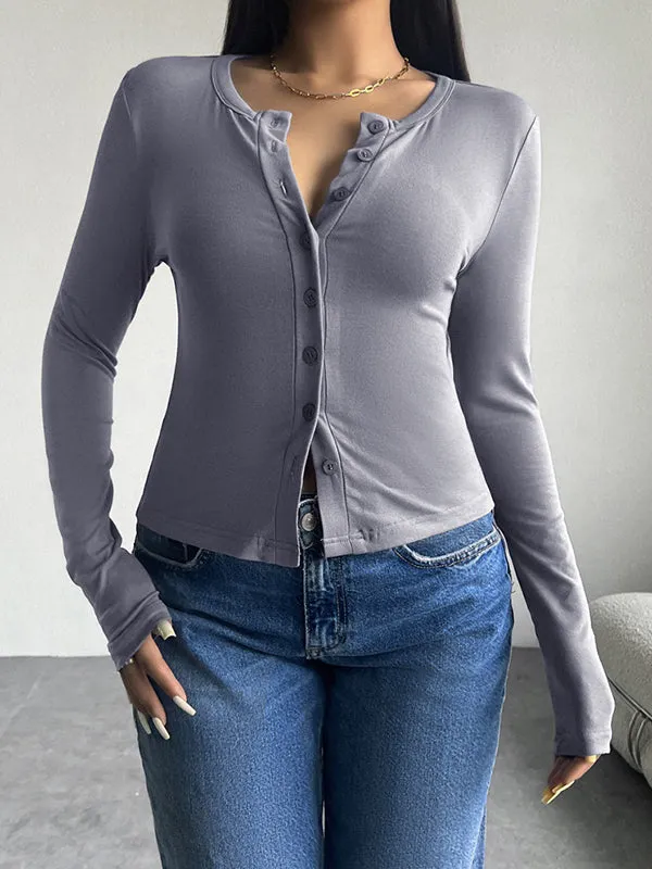 Long Sleeves Skinny Buttoned Solid Color Split-Joint Round-Neck T-Shirts Tops