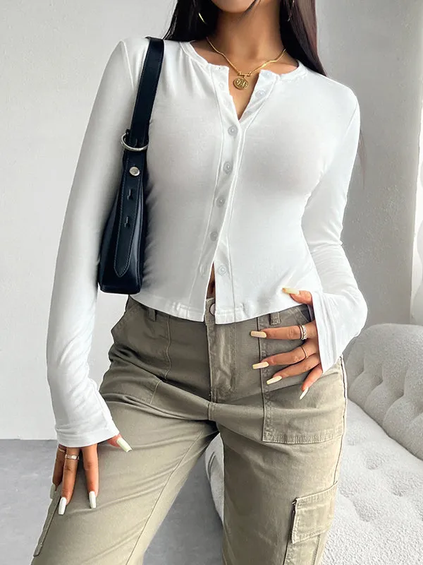 Long Sleeves Skinny Buttoned Solid Color Split-Joint Round-Neck T-Shirts Tops