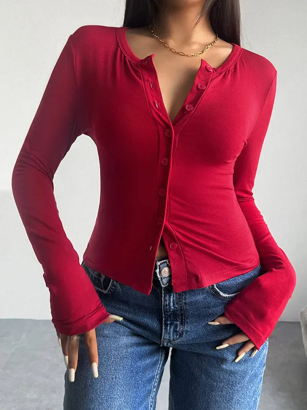 Long Sleeves Skinny Buttoned Solid Color Split-Joint Round-Neck T-Shirts Tops