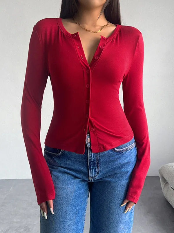 Long Sleeves Skinny Buttoned Solid Color Split-Joint Round-Neck T-Shirts Tops