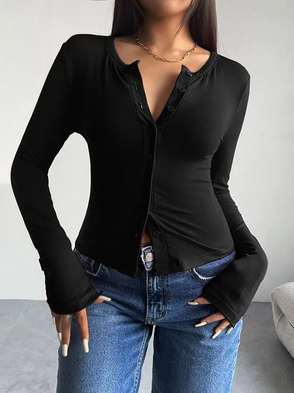 Long Sleeves Skinny Buttoned Solid Color Split-Joint Round-Neck T-Shirts Tops