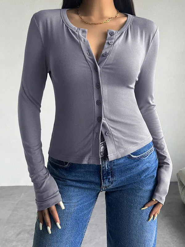 Long Sleeves Skinny Buttoned Solid Color Split-Joint Round-Neck T-Shirts Tops