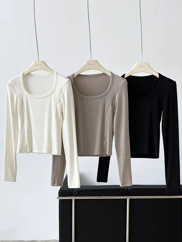 Long Sleeves Skinny Solid Color Split-Joint Round-Neck T-Shirts