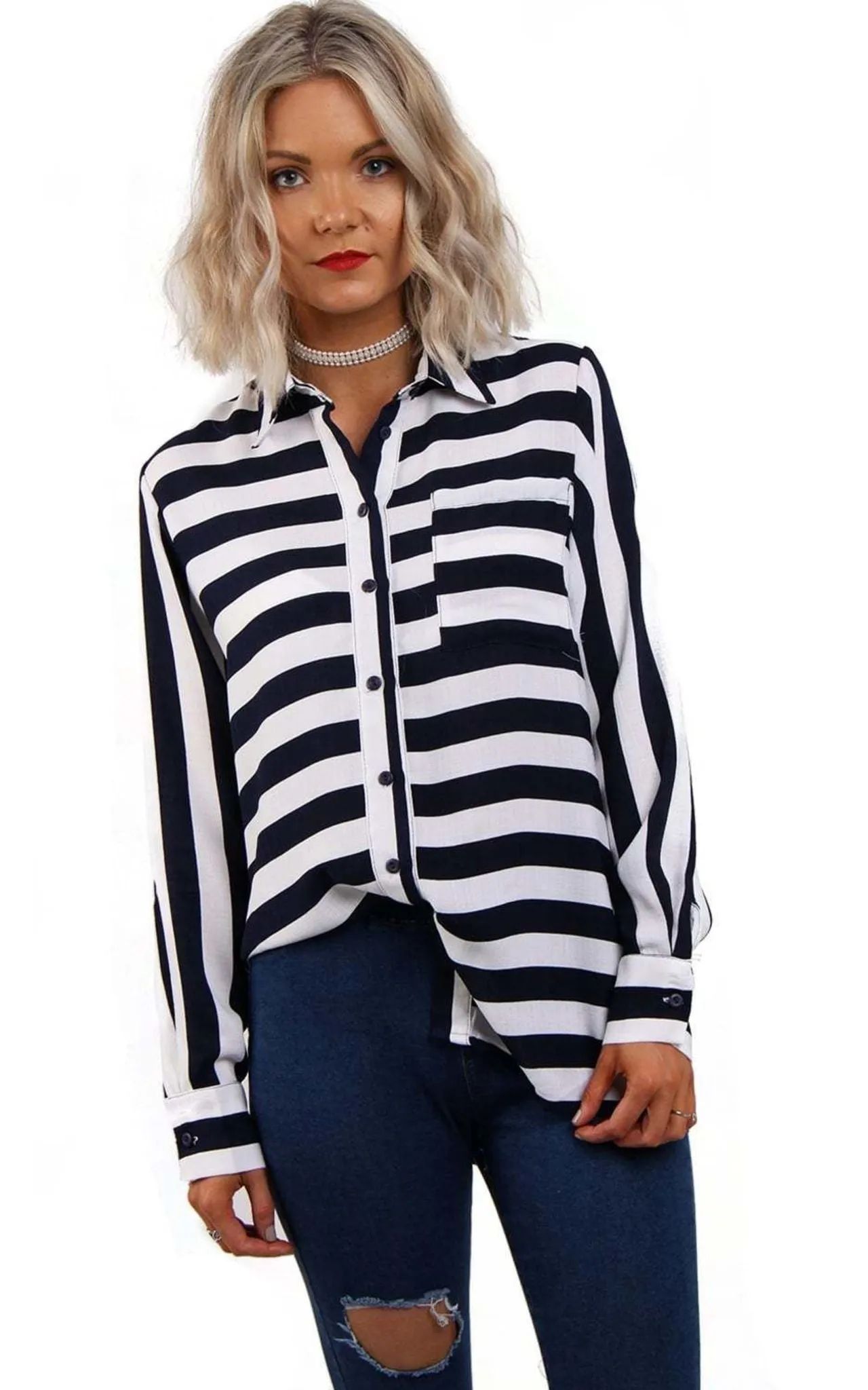 Long Sleeves Stripe Shirt Blouse With Front Pocket