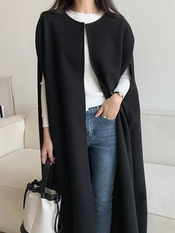 Loose Sleeveless Solid Color Round-Neck Cape Outerwear