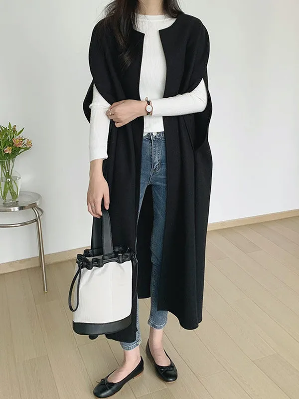 Loose Sleeveless Solid Color Round-Neck Cape Outerwear