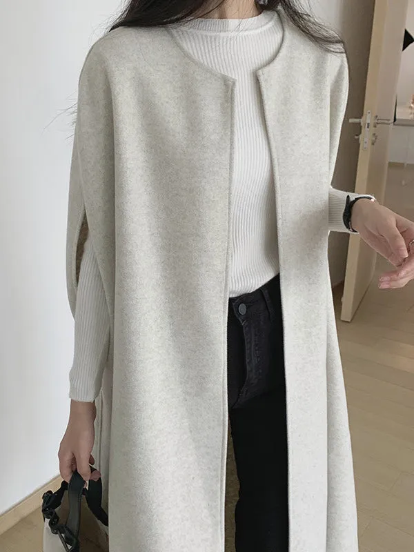 Loose Sleeveless Solid Color Round-Neck Cape Outerwear