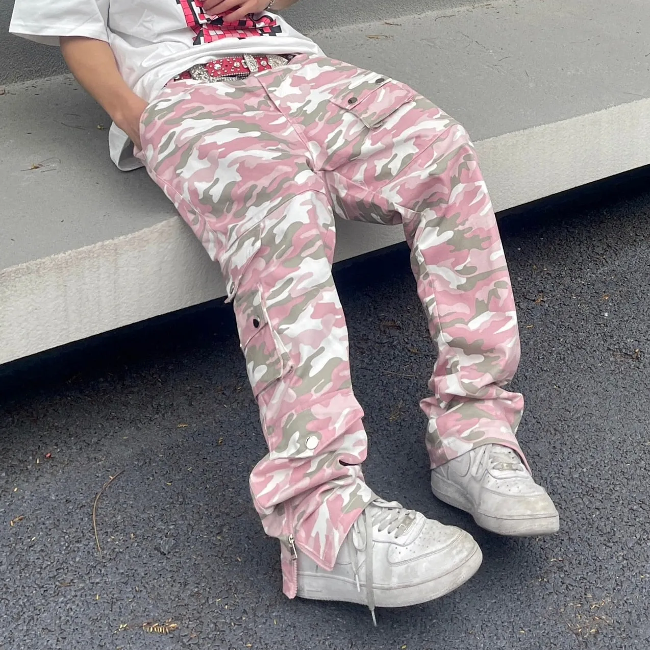 PK21 Straight Multi-pocket Cargo Pants - Pink Camo