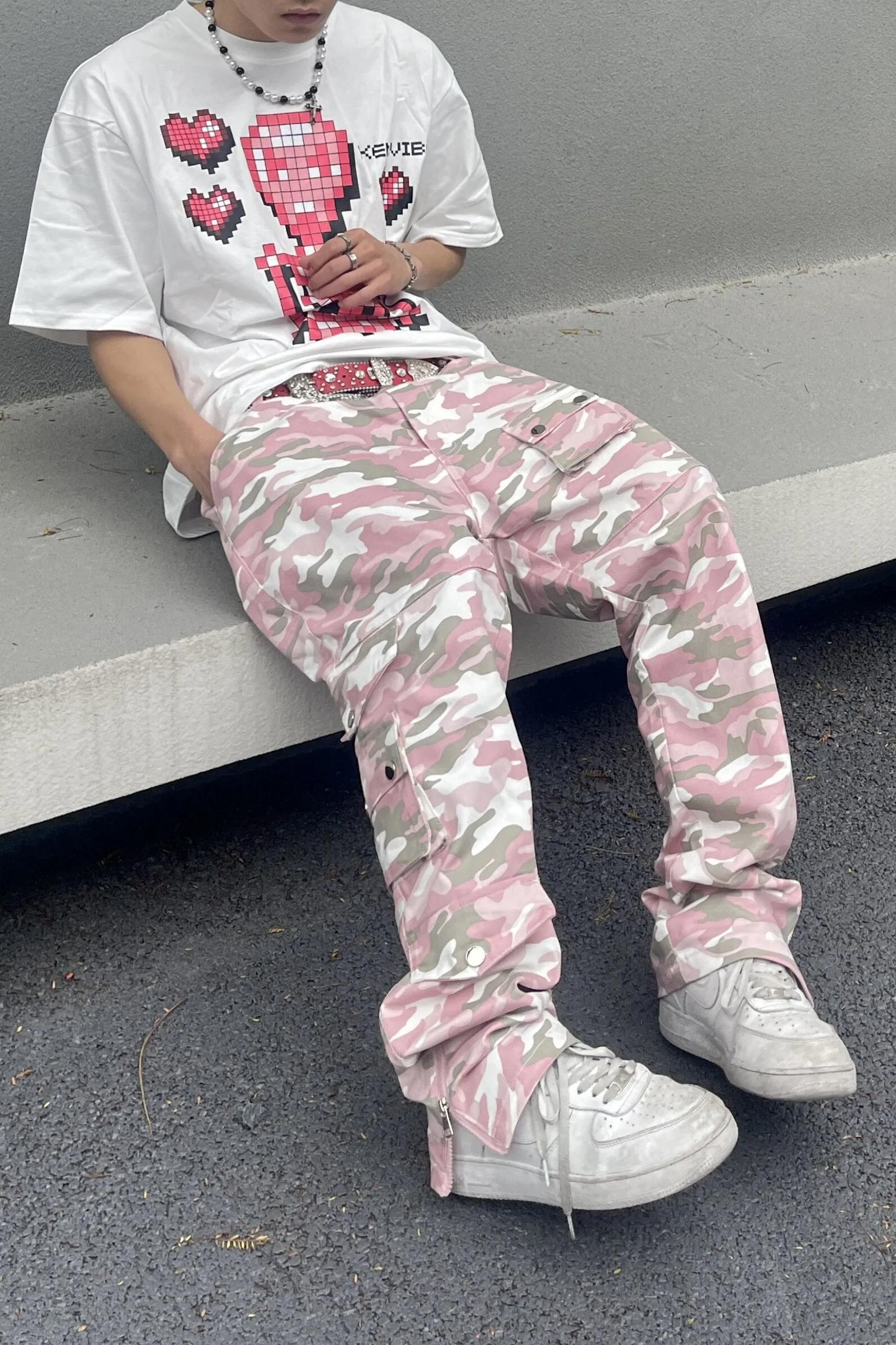 PK21 Straight Multi-pocket Cargo Pants - Pink Camo