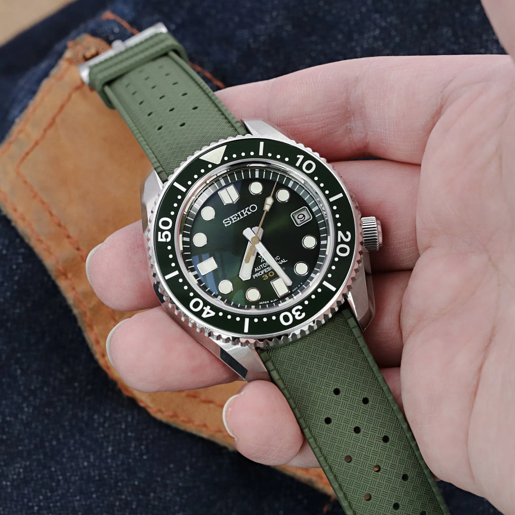 Quick Release Military Green Tropical-Style Pro FKM rubber watch strap, 19mm, 20mm or 22mm