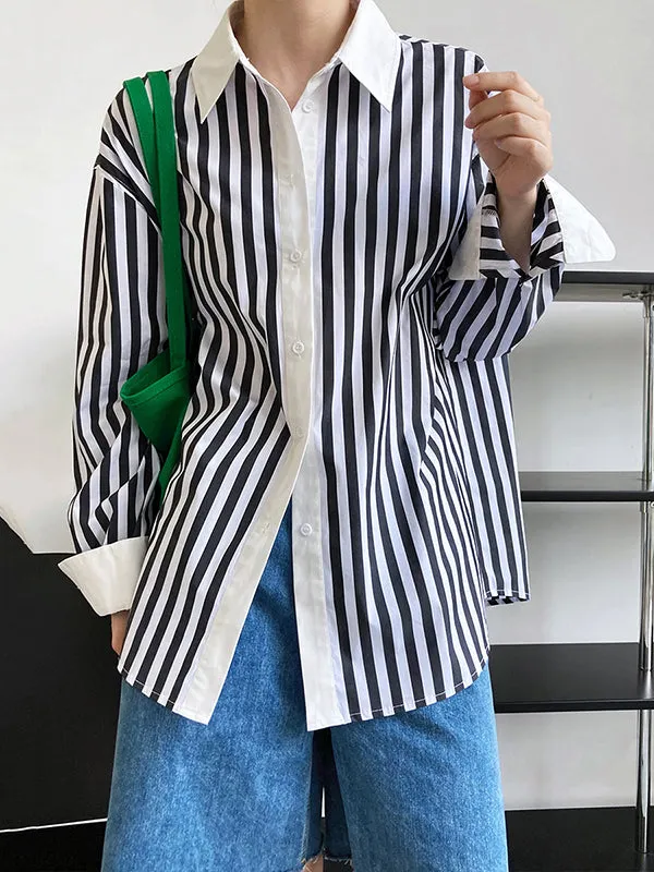 Simple Long Sleeves Contrast Color Striped Lapel Blouse Top