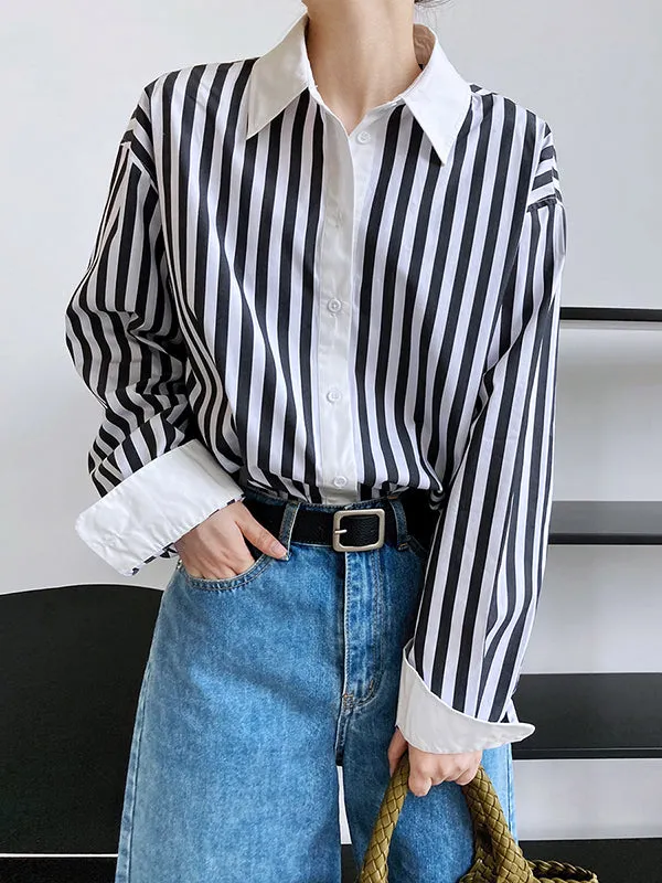 Simple Long Sleeves Contrast Color Striped Lapel Blouse Top