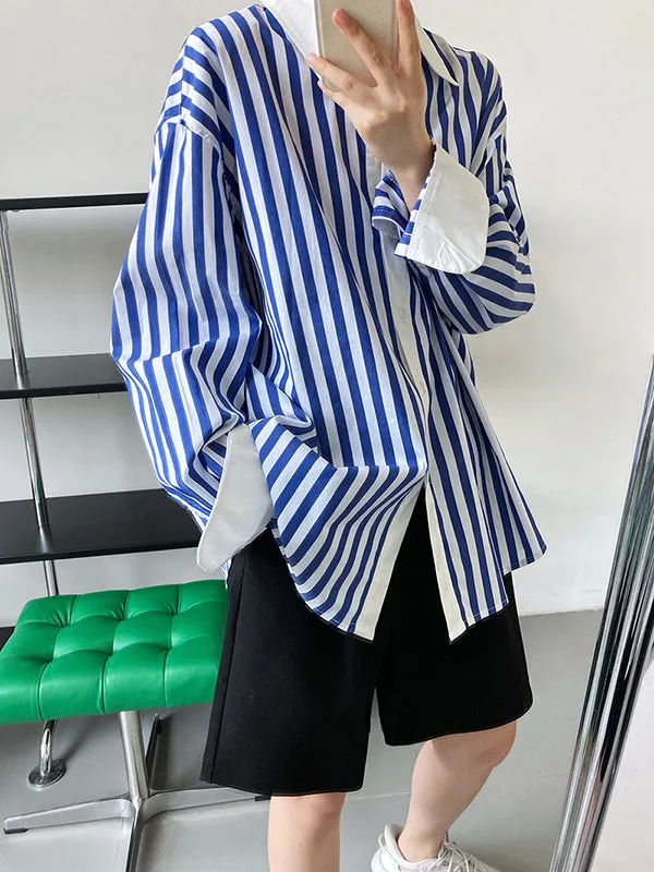 Simple Long Sleeves Contrast Color Striped Lapel Blouse Top