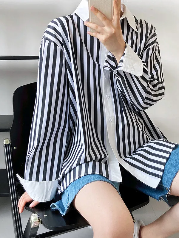 Simple Long Sleeves Contrast Color Striped Lapel Blouse Top