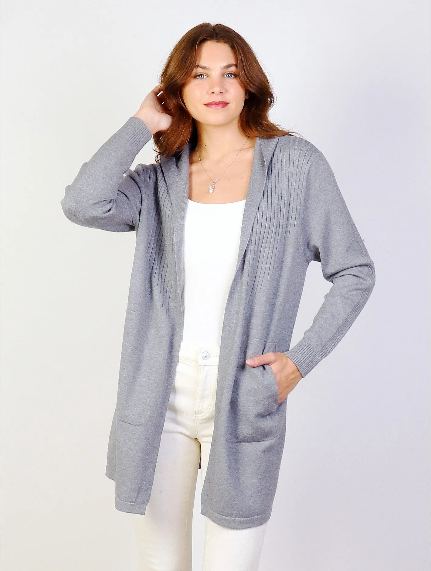 Stretchy Hooded Cardigan W/ Hood and Pockets