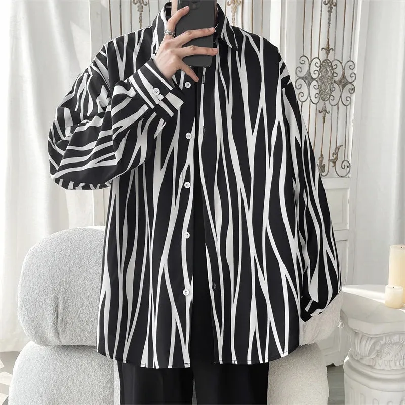 Wiaofellas  -  Men's Long Sleeve Striped Shirts Spring New Korean Button Up Shirt Unisex Fashion Casual Oversize Blouse Printed Clothing