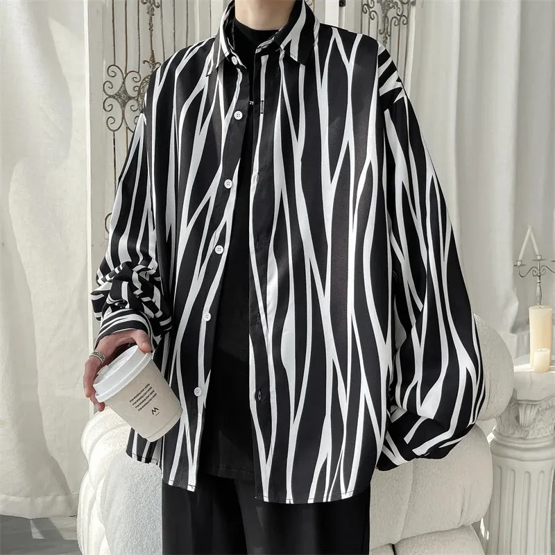 Wiaofellas  -  Men's Long Sleeve Striped Shirts Spring New Korean Button Up Shirt Unisex Fashion Casual Oversize Blouse Printed Clothing