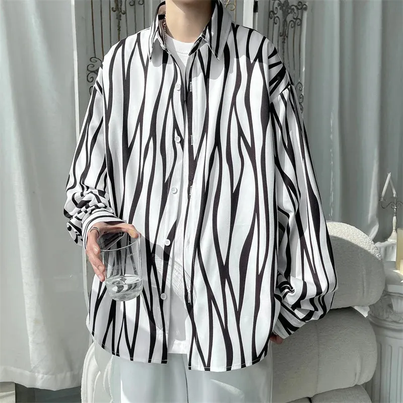 Wiaofellas  -  Men's Long Sleeve Striped Shirts Spring New Korean Button Up Shirt Unisex Fashion Casual Oversize Blouse Printed Clothing