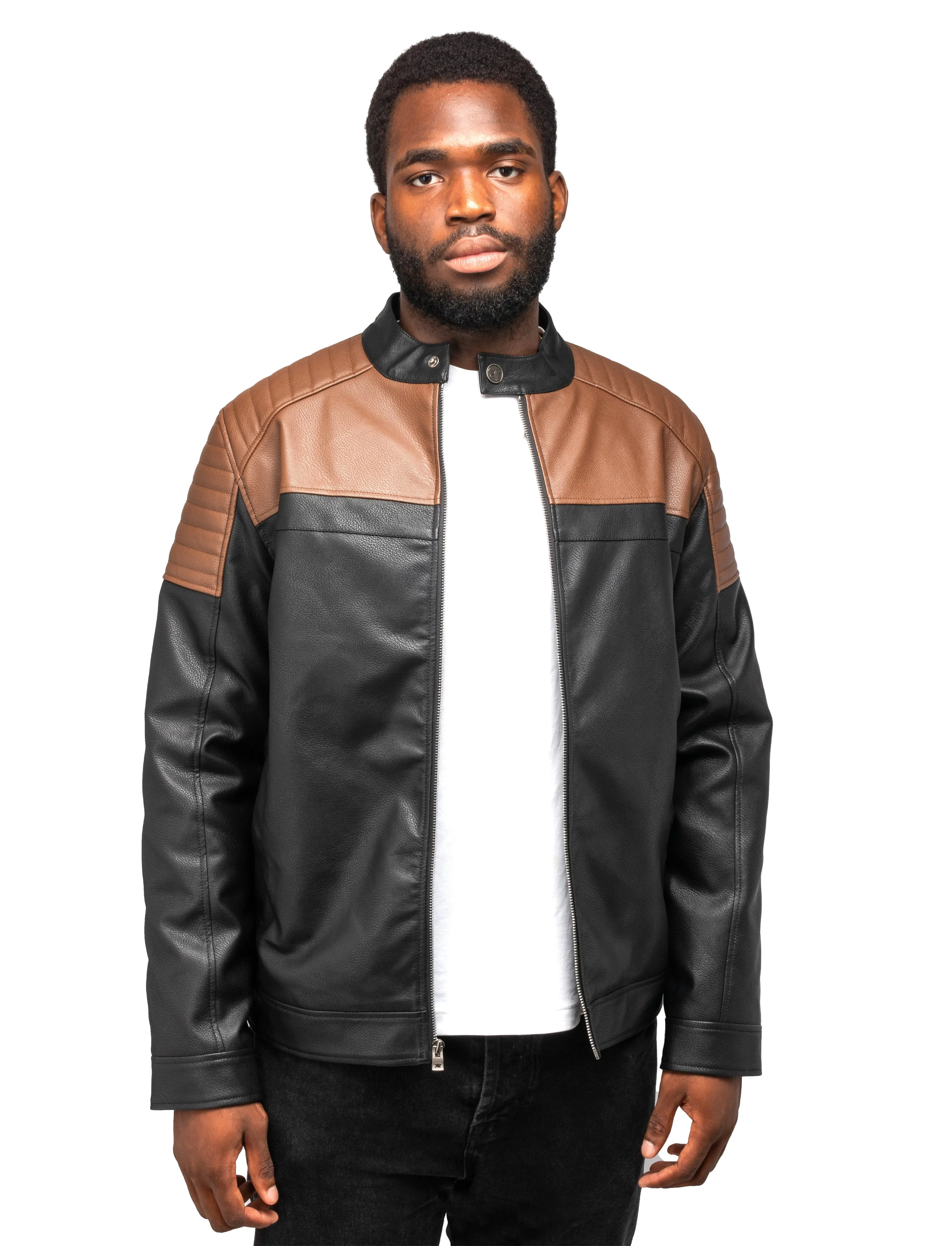 X RAY Men's Grainy PU Leather Jacket Quilted Sleeves With Faux Shearling Lining